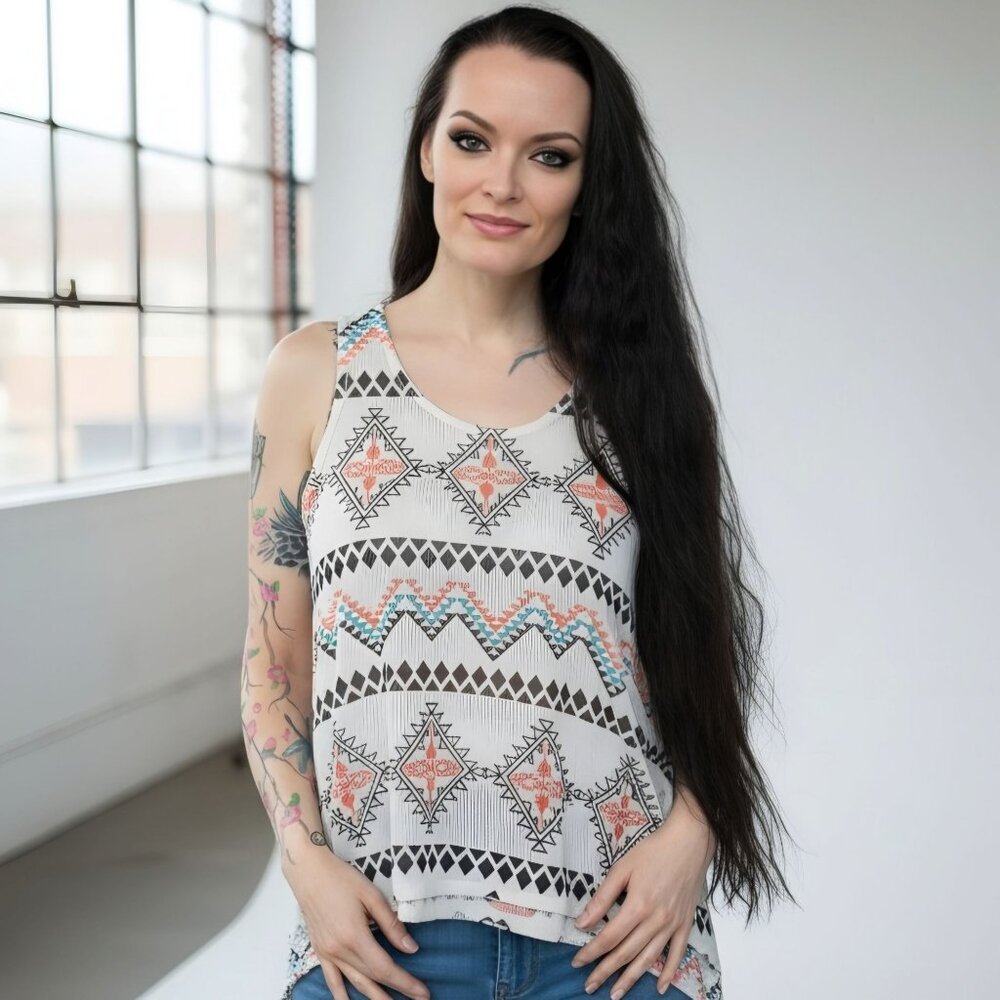 Blu Planet ✦ Coral Teal Aztec Print Soft Stretch Sleeveless Tank ✦ High-Low M